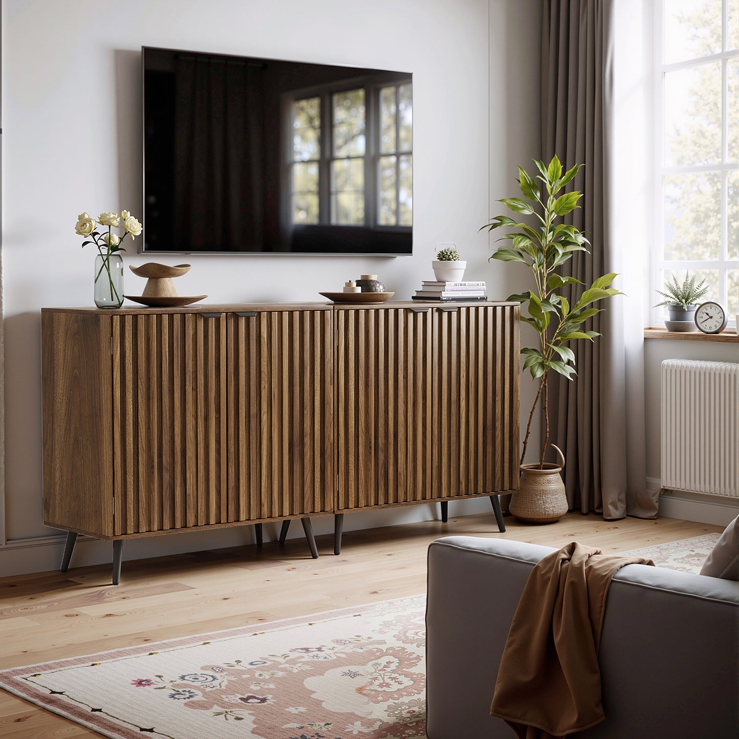 Smart FENDEE Sideboard Cabinet, Wood Storage Cabinet with 1 Adjustable Shelf, Brown
