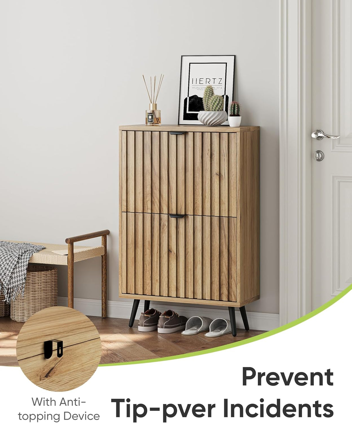 Smart FENDEE Shoe Cabinet with 2 Flip Drawers Slim Shoe Storage Cabinet, Entryway, Natural, 23.6 in