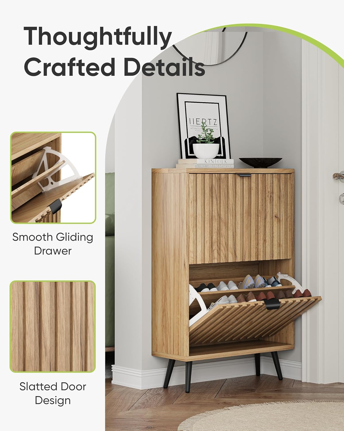 Smart FENDEE Shoe Cabinet with 2 Flip Drawers Slim Shoe Storage Cabinet, Entryway, Natural, 23.6 in