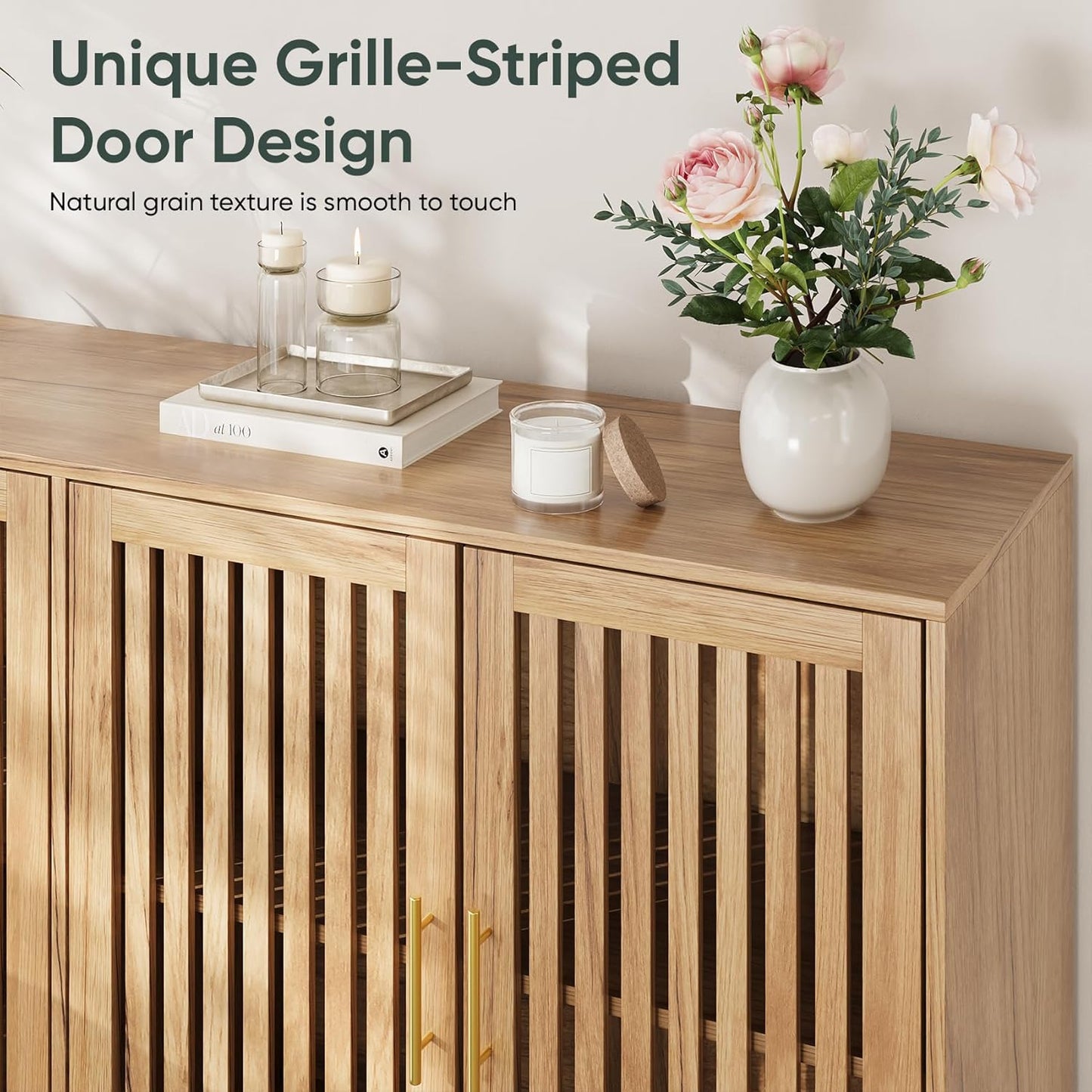 Smart FENDEE 63"W Sideboard Storage Cabinet with Slatted Doors and Adjustable Shelf,Dining Room,Natural