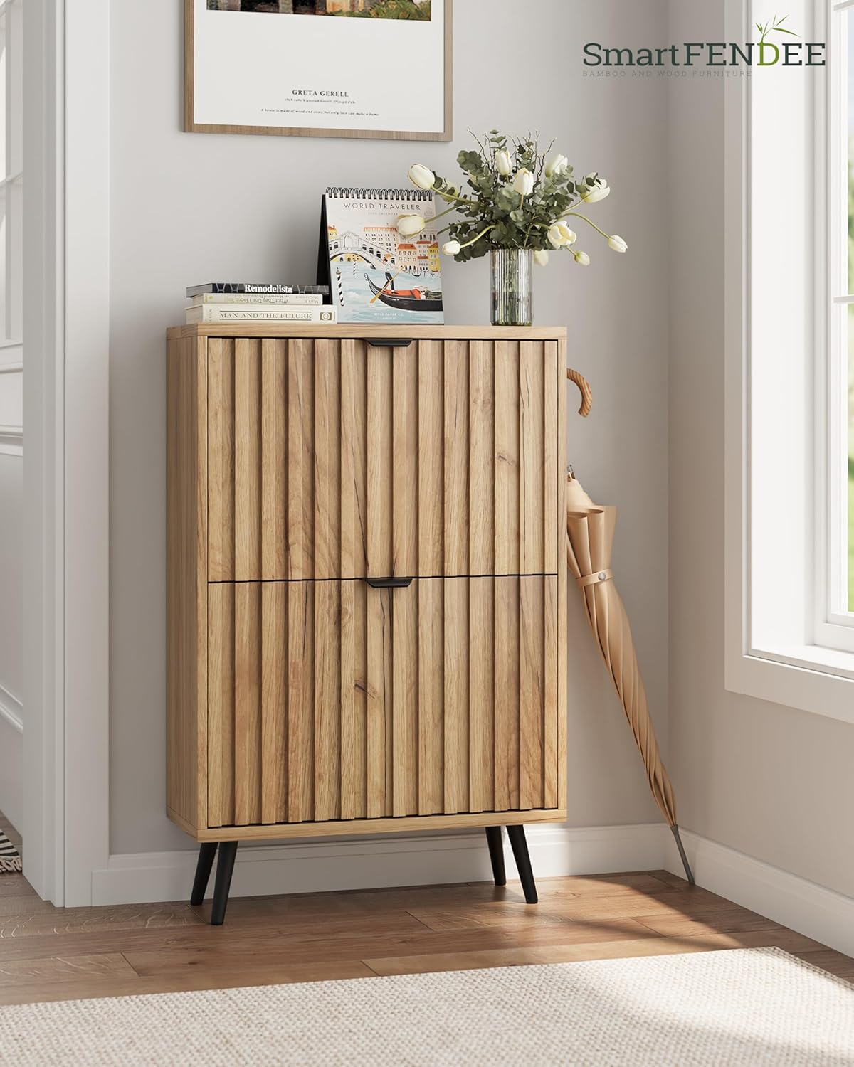 Smart FENDEE Shoe Cabinet with 2 Flip Drawers Slim Shoe Storage Cabinet, Entryway, Natural, 23.6 in