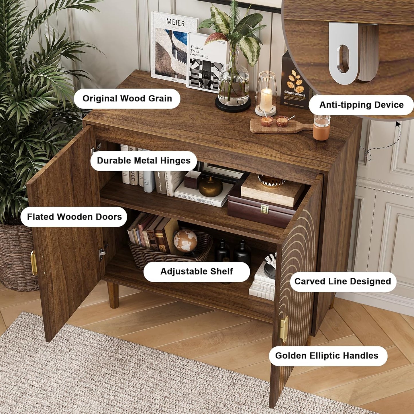 Smart FENDEE Buffet Cabinet with Adjustable Shelf, Kitchen Storage Cabinet, Walnut Wood