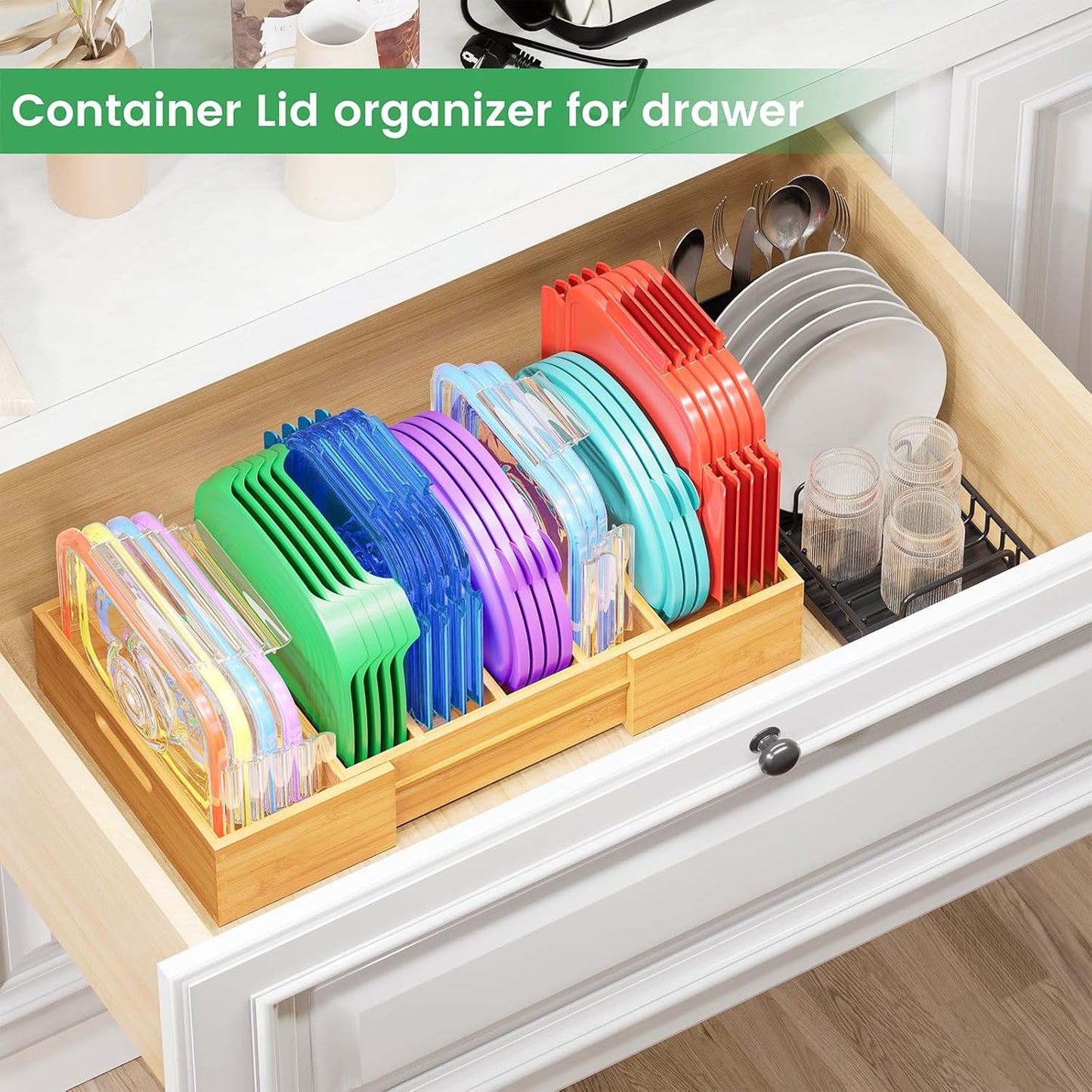 Semiocthome Bamboo Expandable Lid Organizer with 3 Adjustable Dividers,Drawer Caddy