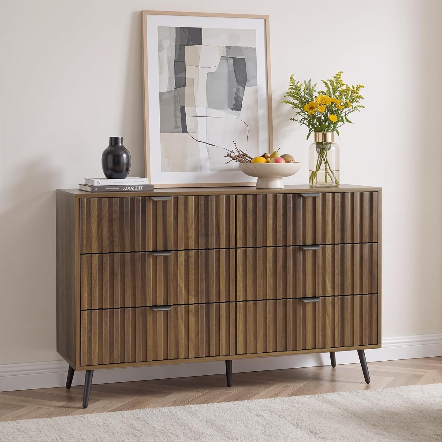 Semiocthome Dresser with 6 Fluted Drawers, Chest of Drawers, Storage Cabinet for Bedroom, Walnut,