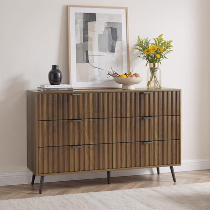Semiocthome Dresser with 6 Fluted Drawers, Chest of Drawers, Storage Cabinet for Bedroom, Walnut,