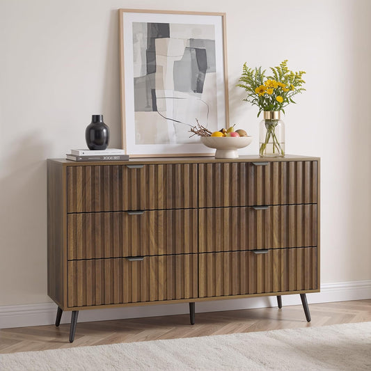 Semiocthome Dresser with 6 Fluted Drawers, Chest of Drawers, Storage Cabinet for Bedroom, Walnut,