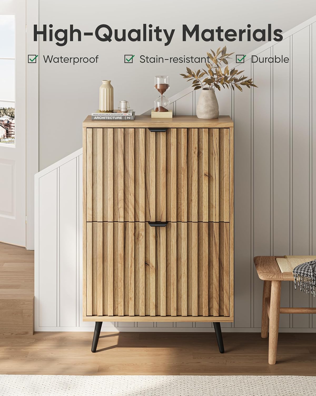 Smart FENDEE Shoe Cabinet with 2 Flip Drawers Slim Shoe Storage Cabinet, Entryway, Natural, 23.6 in