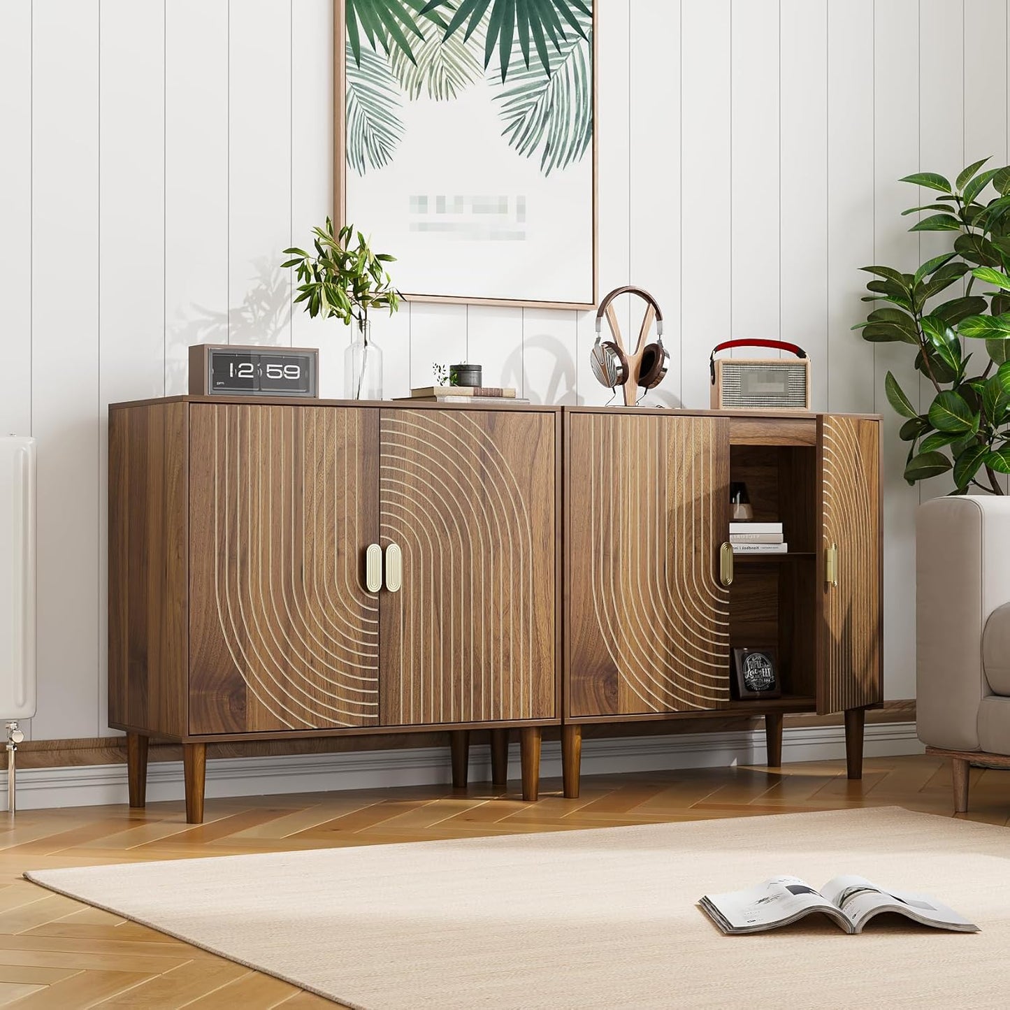 Smart FENDEE Buffet Cabinet with Adjustable Shelf, Kitchen Storage Cabinet, Walnut Wood