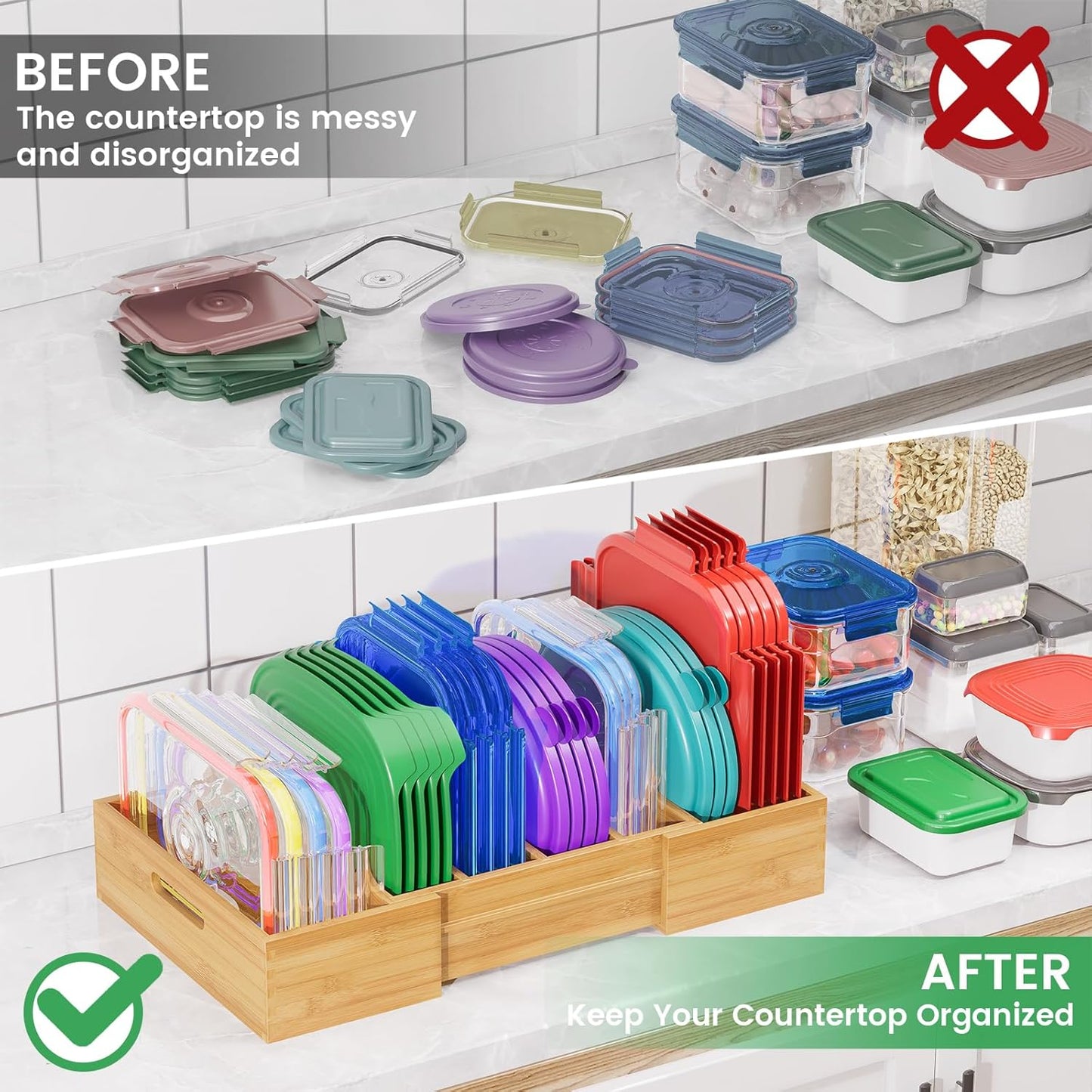 Semiocthome Bamboo Expandable Lid Organizer with 3 Adjustable Dividers,Drawer Caddy