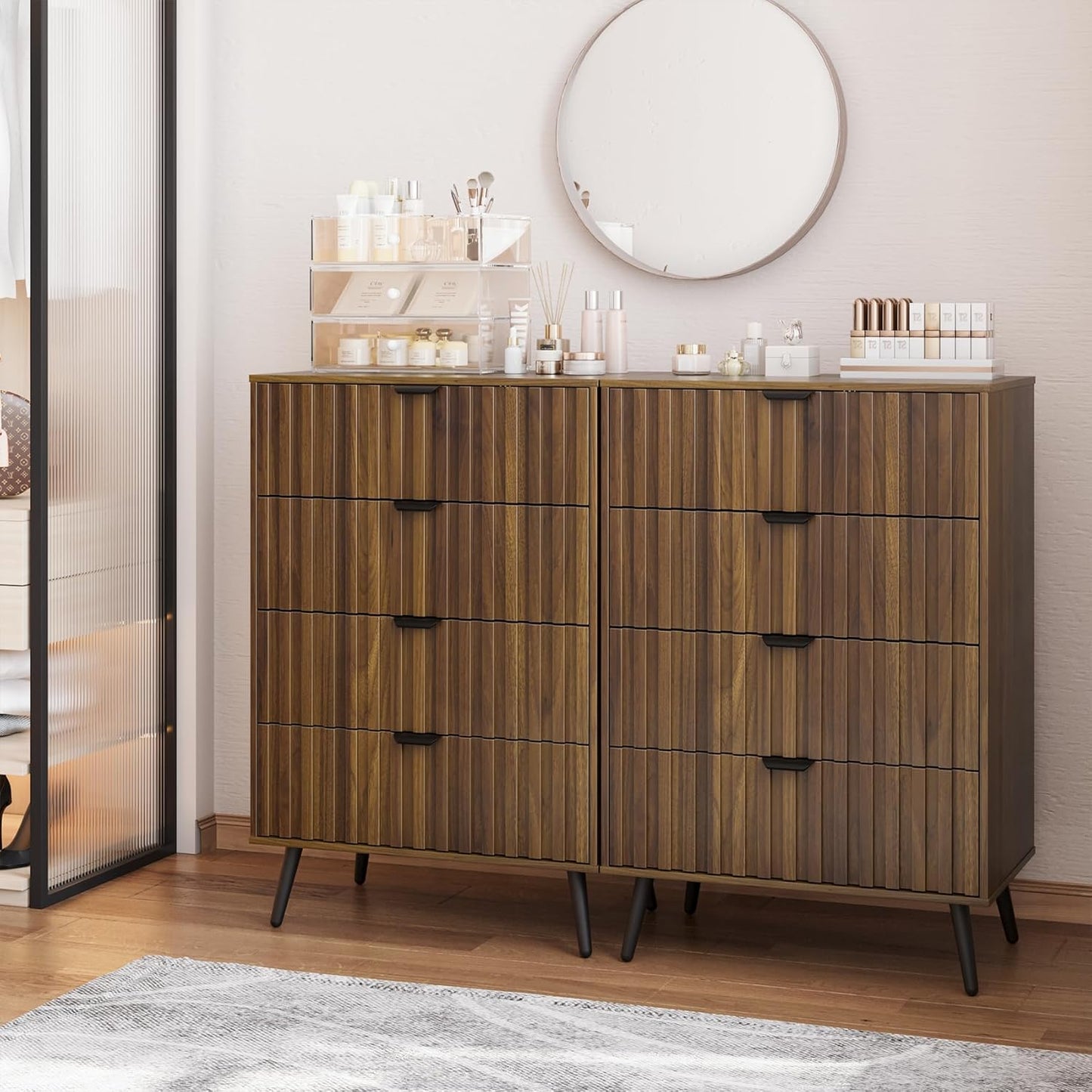 Semiocthome Dresser with 6 Fluted Drawers, Chest of Drawers, Storage Cabinet for Bedroom, Walnut,