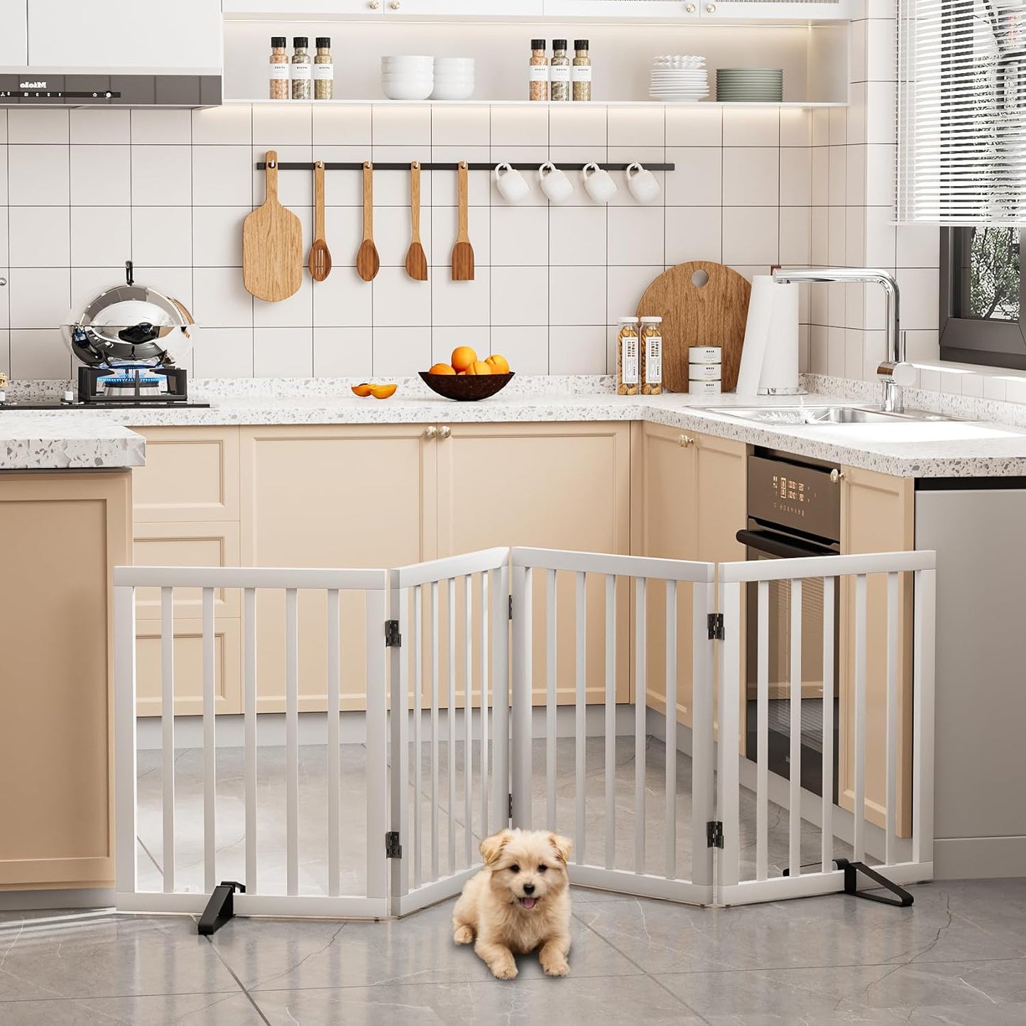 Smart FENDEE Foldable Dog Gate Bamboo Pet Gate Extra Wide Dog Fence for Doorway,24"H,White,4 Panels