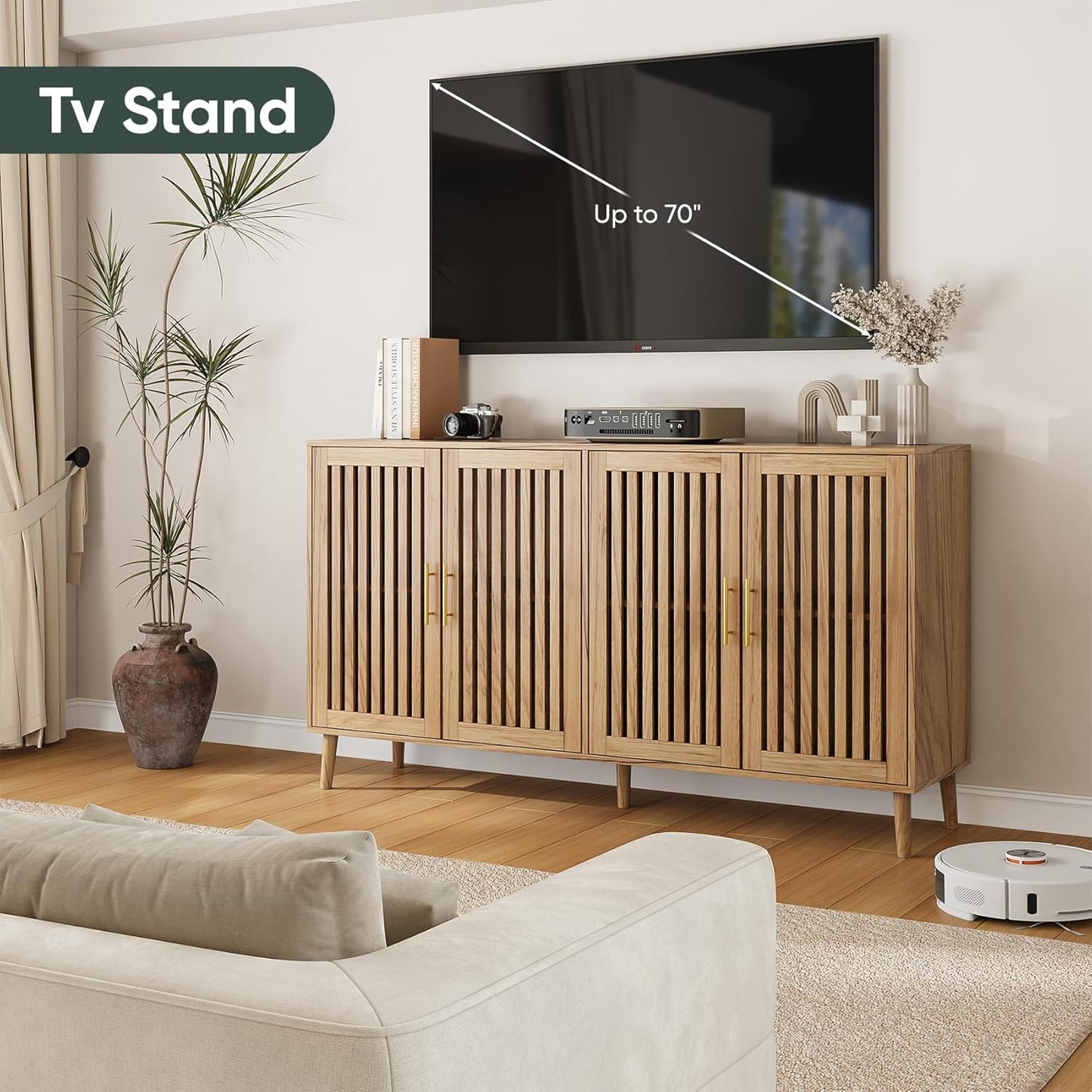 Smart FENDEE 63"W Sideboard Storage Cabinet with Slatted Doors and Adjustable Shelf,Dining Room,Natural