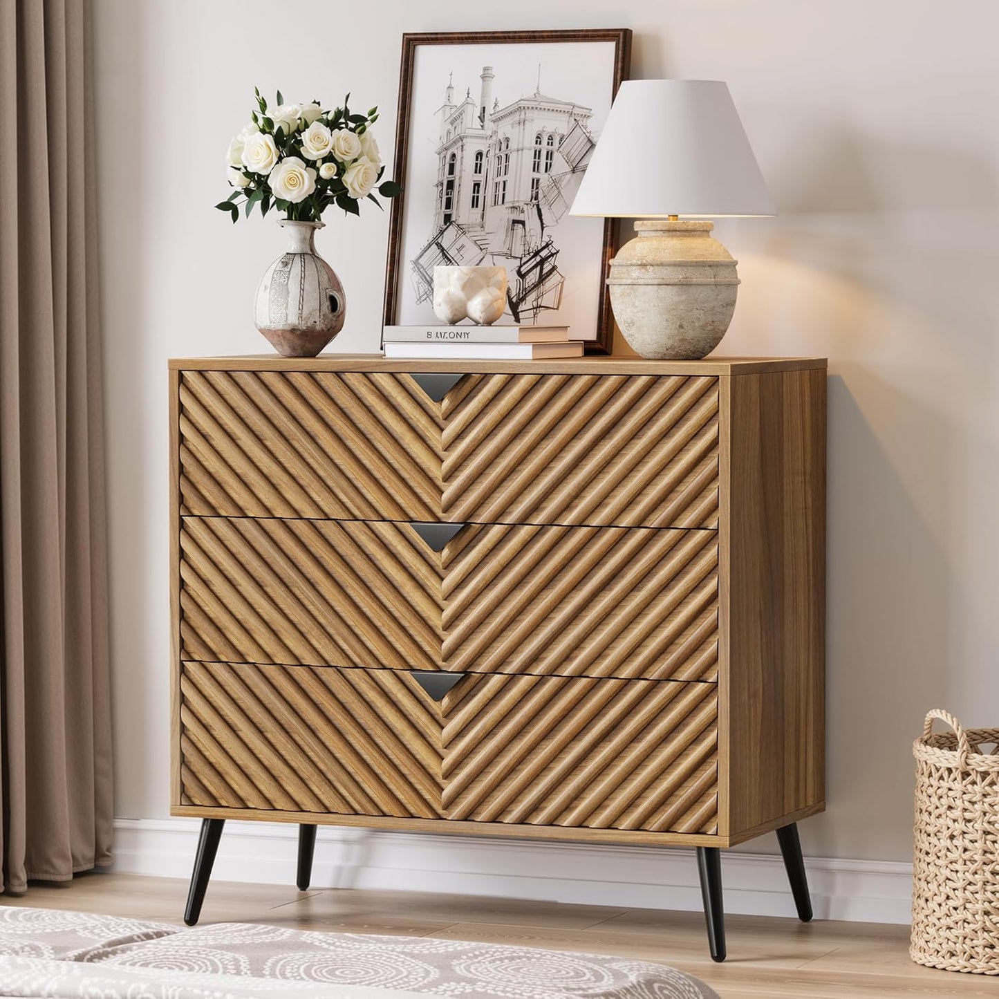 Semiocthome Modern 3 Drawer Dresser, Chest of Drawers with Diamond Doors for Bedroom, Walnut, Adult