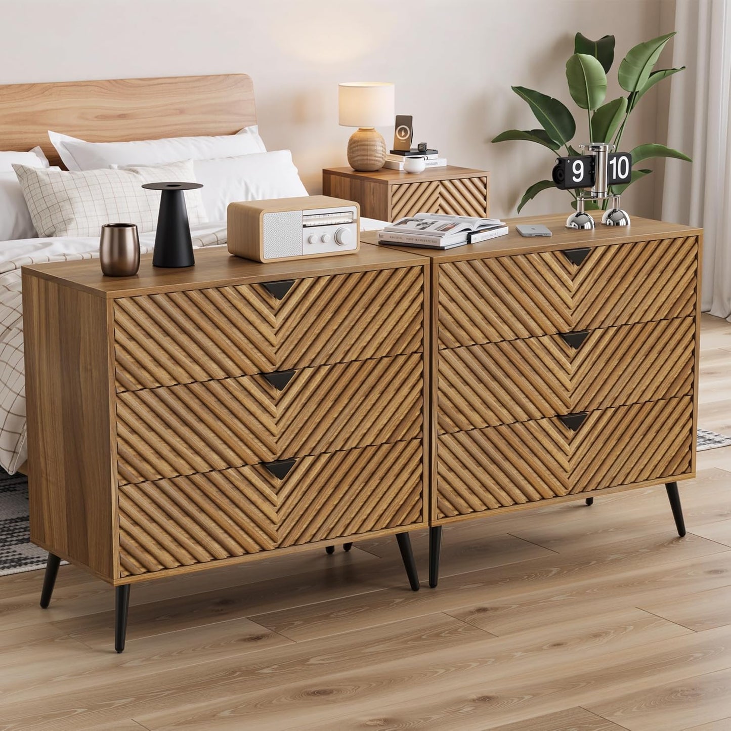 Semiocthome Modern 3 Drawer Dresser, Chest of Drawers with Diamond Doors for Bedroom, Walnut, Adult