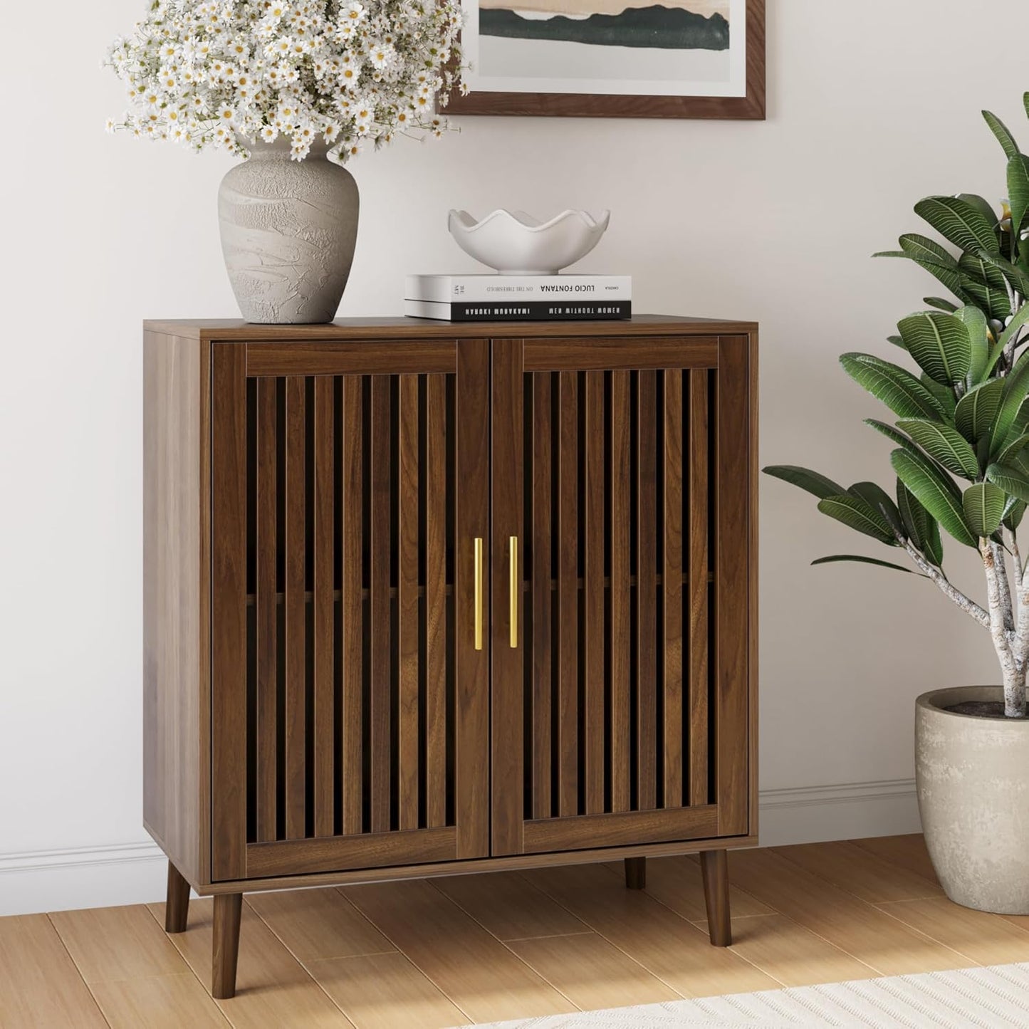 Smart FENDEE 31.5"W Sideboard Storage Cabinet with Slatted Doors and 1 Adjustable Shelf, Walnut
