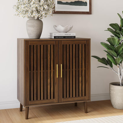 Smart FENDEE 31.5"W Sideboard Storage Cabinet with Slatted Doors and 1 Adjustable Shelf, Walnut