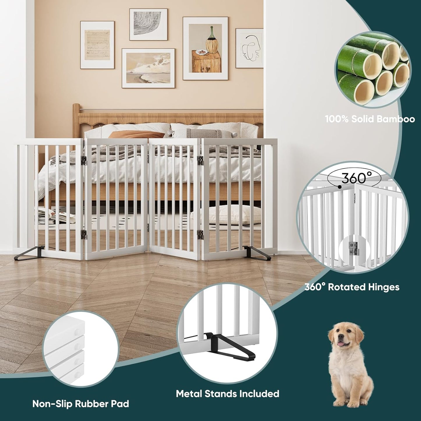 Smart FENDEE Foldable Dog Gate Bamboo Pet Gate Extra Wide Dog Fence for Doorway,24"H,White,4 Panels