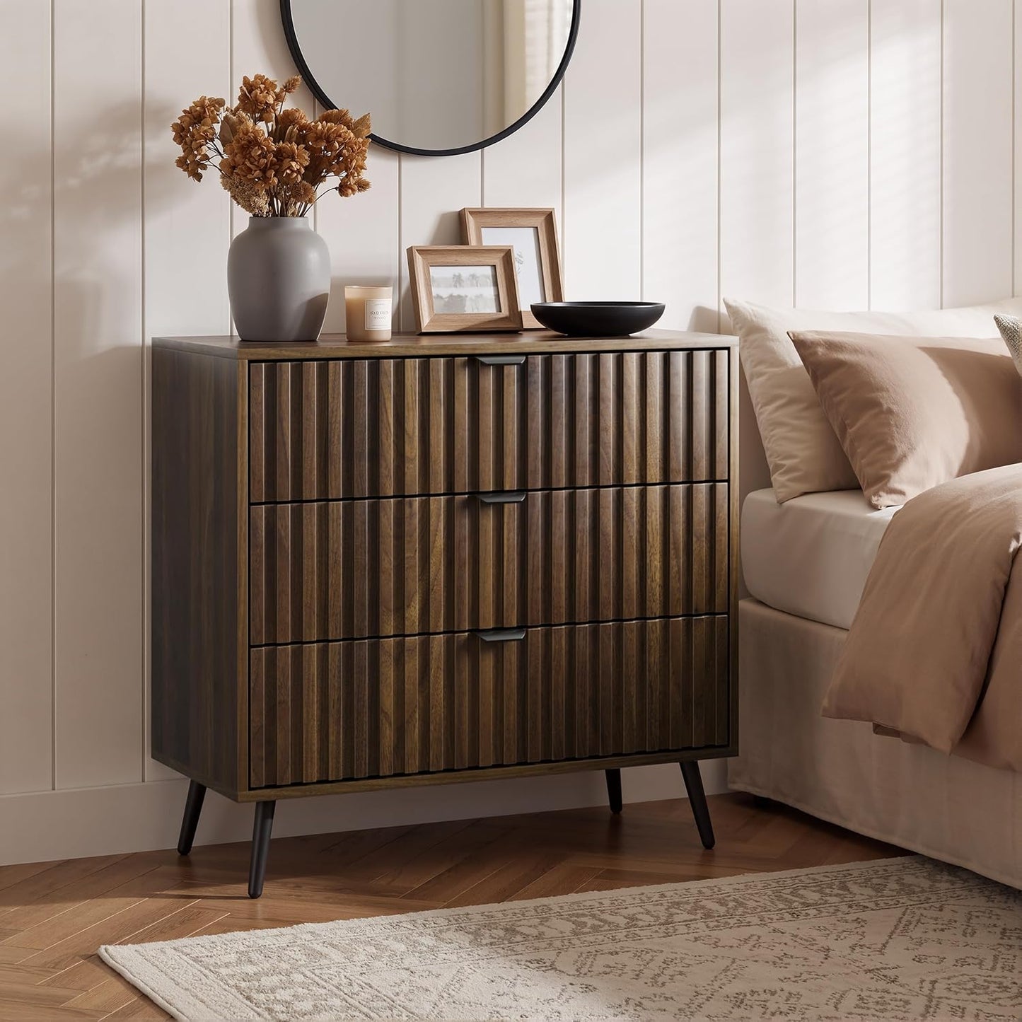 Semiocthome Dresser with 3 Fluted Drawers, Chest of Drawers for Bedroom, Walnut, Adult