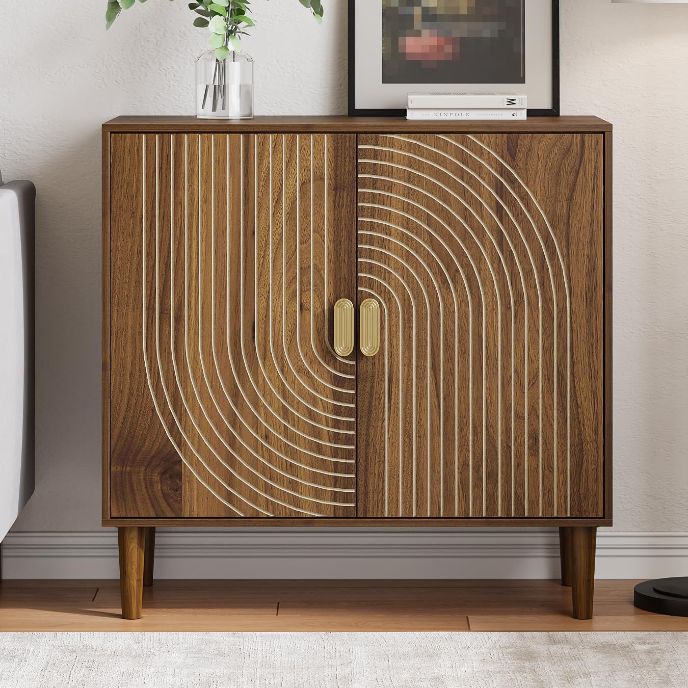 Semiocthome Sideboard Buffet Cabinet with Adjustable Shelf, Line Groove Door,Kitchen,Walnut