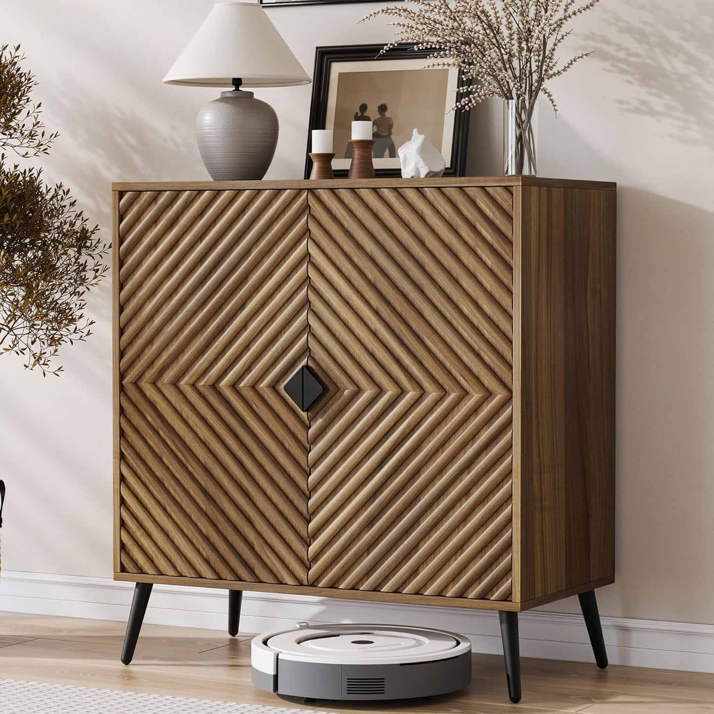 Semiocthome Buffet Cabinet with V-Shape Fluted Doors, Coffee Bar, 1 Shelf, Walnut