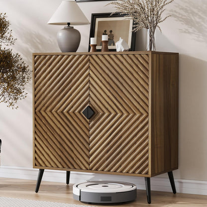 Semiocthome Buffet Cabinet with V-Shape Fluted Doors, Coffee Bar, 1 Shelf, Walnut