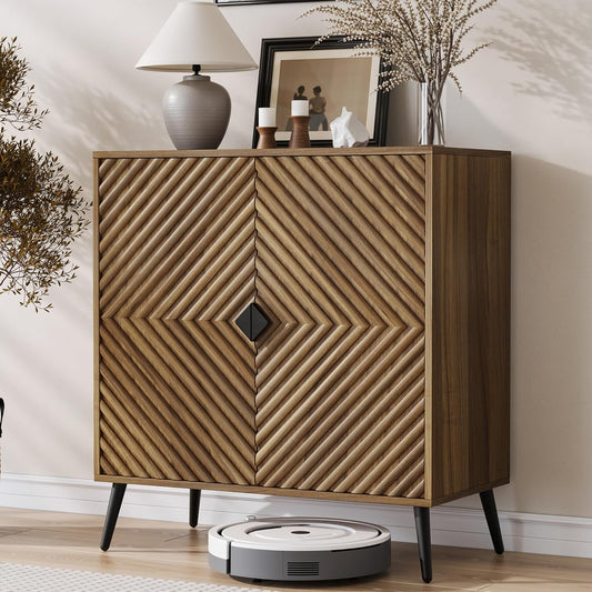 Semiocthome Buffet Cabinet with V-Shape Fluted Doors, Coffee Bar, 1 Shelf, Walnut