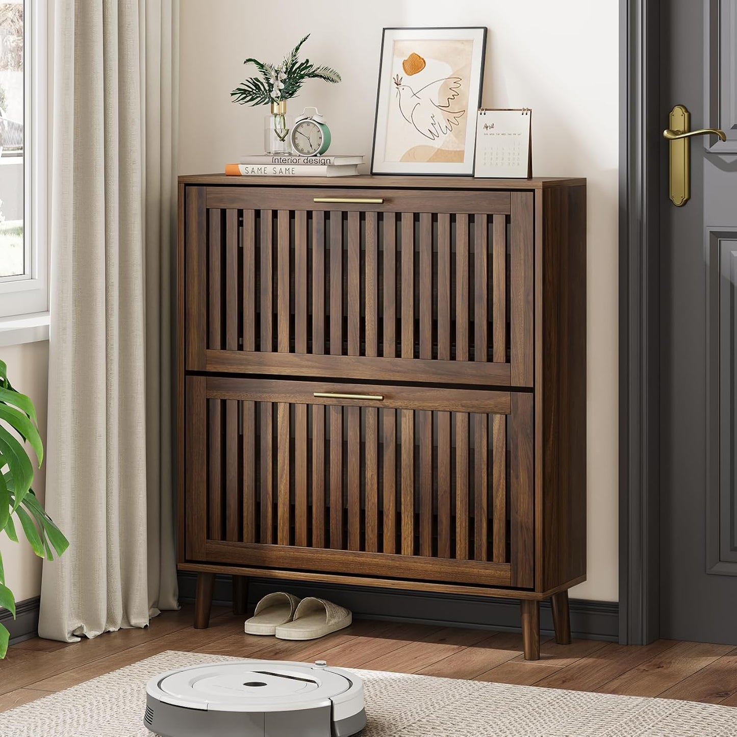 Semiocthome 31.5" Shoe Storage Cabinet with 2 Flip Louvered Drawers for Entryway, Walnut