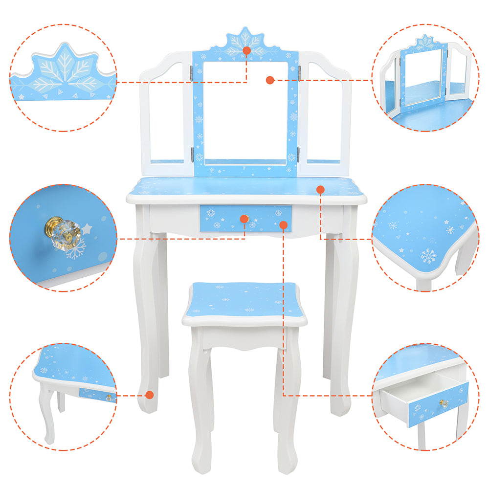 Smuxee Kids Vanity Table Sets for Girls, Snowflake Style Bedroom Makeup Vanity with Mirror