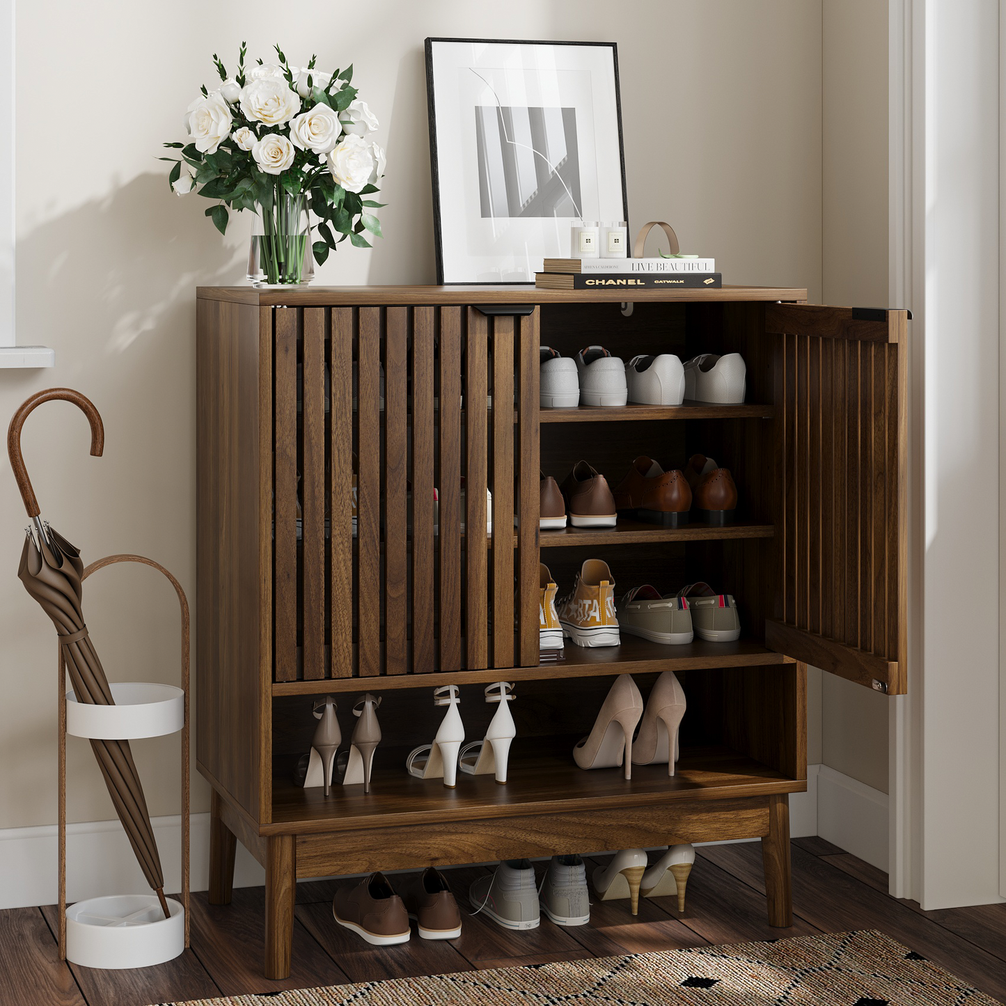 Algherohein Shoe Cabinet with Doors,7-Tier Shoe Storage Cabinet with with Adjustable Shelves,20-24 Pair Shoe Organizer for Entryway,Living Room,Front Door & Hallway,Oak