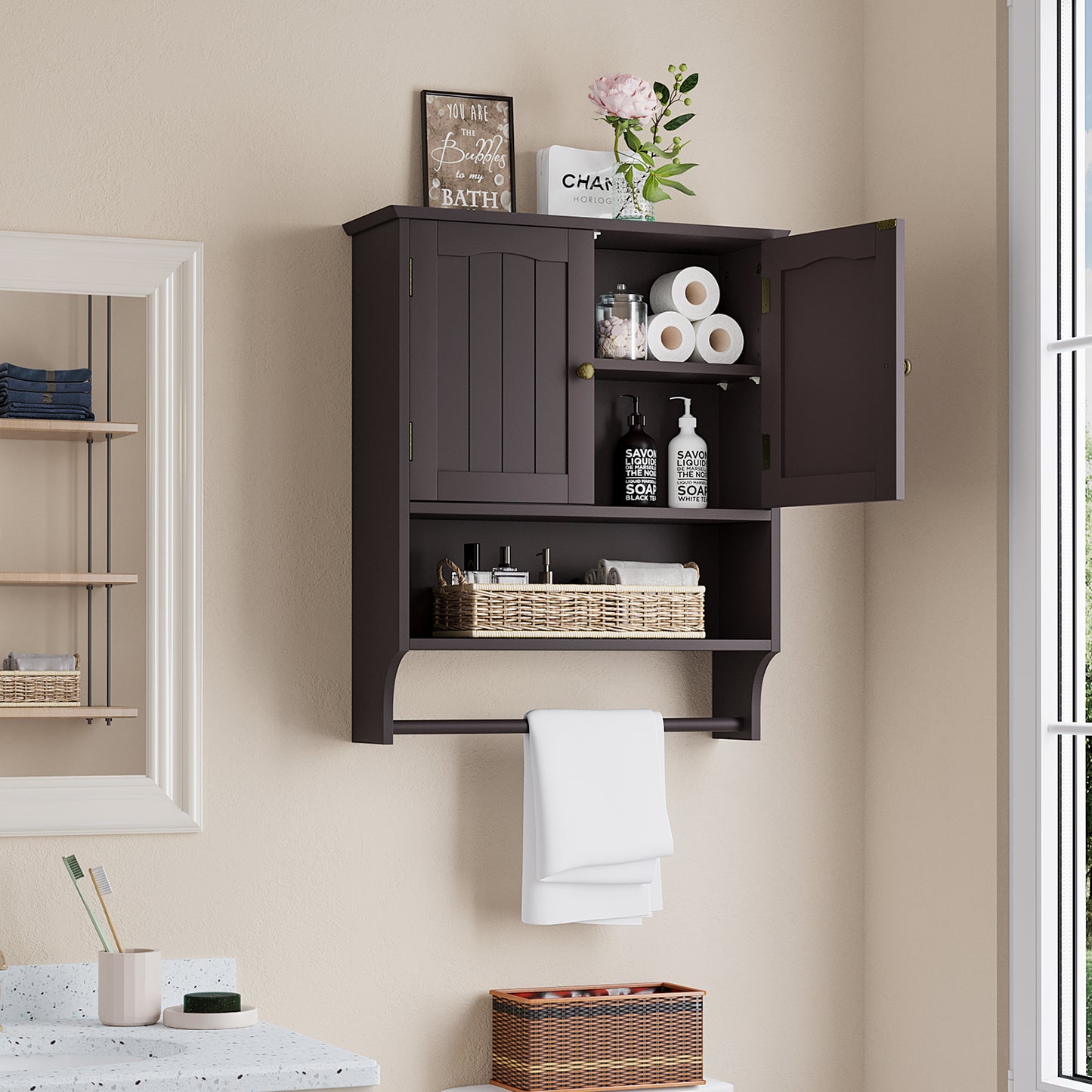 Smuxee Bathroom Wall Storage Cabinets with Door and Open Shelves,over The Toilet Storage,White Small