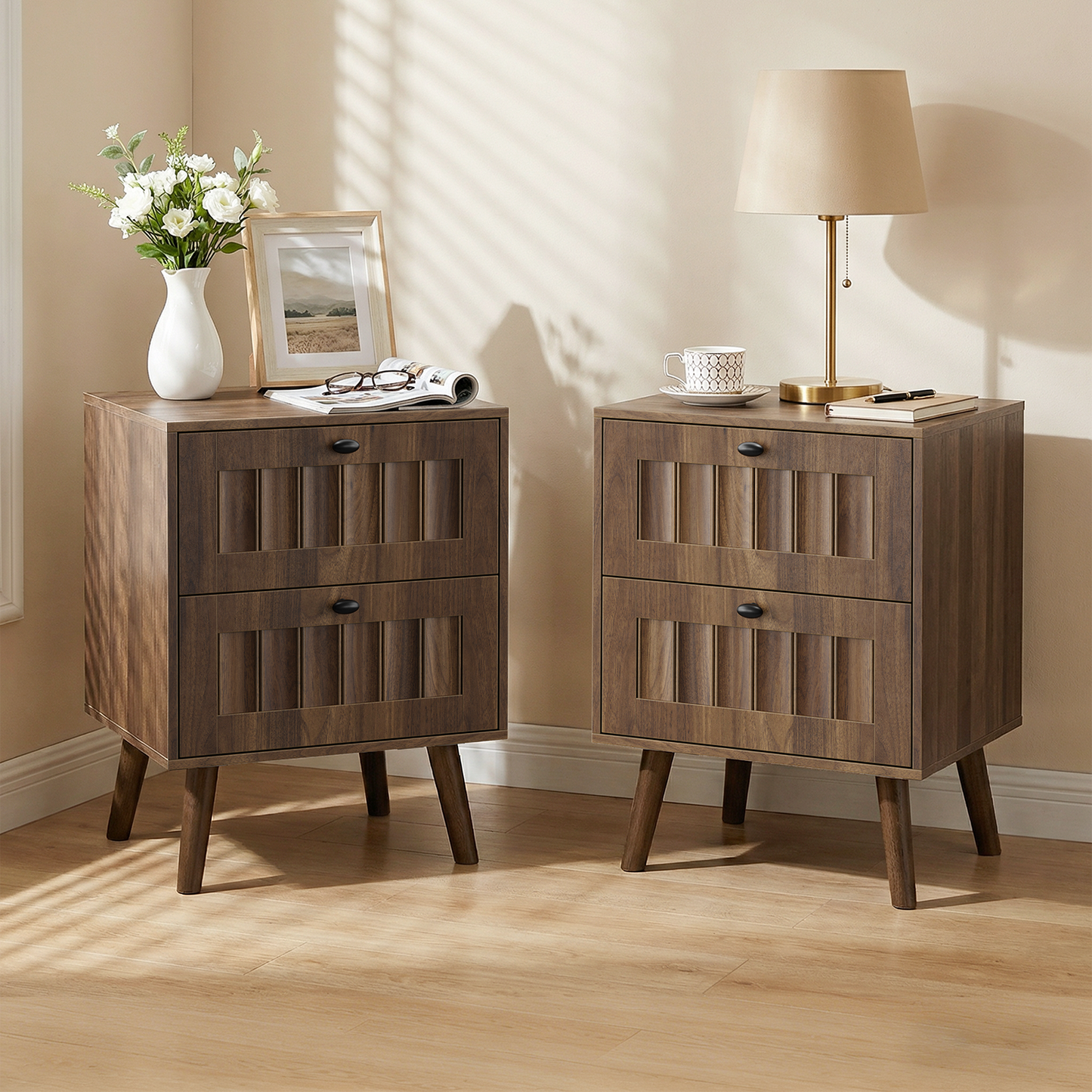 Semiocthome Nightstand Set of 2, bedside table with 2 Drawers, end tables for bedroom, Walnut