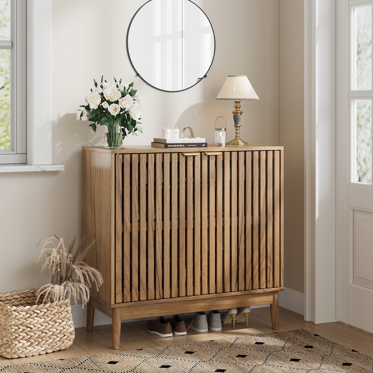 Algherohein Mid-Century Shoe Cabinet, 7-Tier, Adjustable Shelves, 20-24 Pair Capacity, Walnut