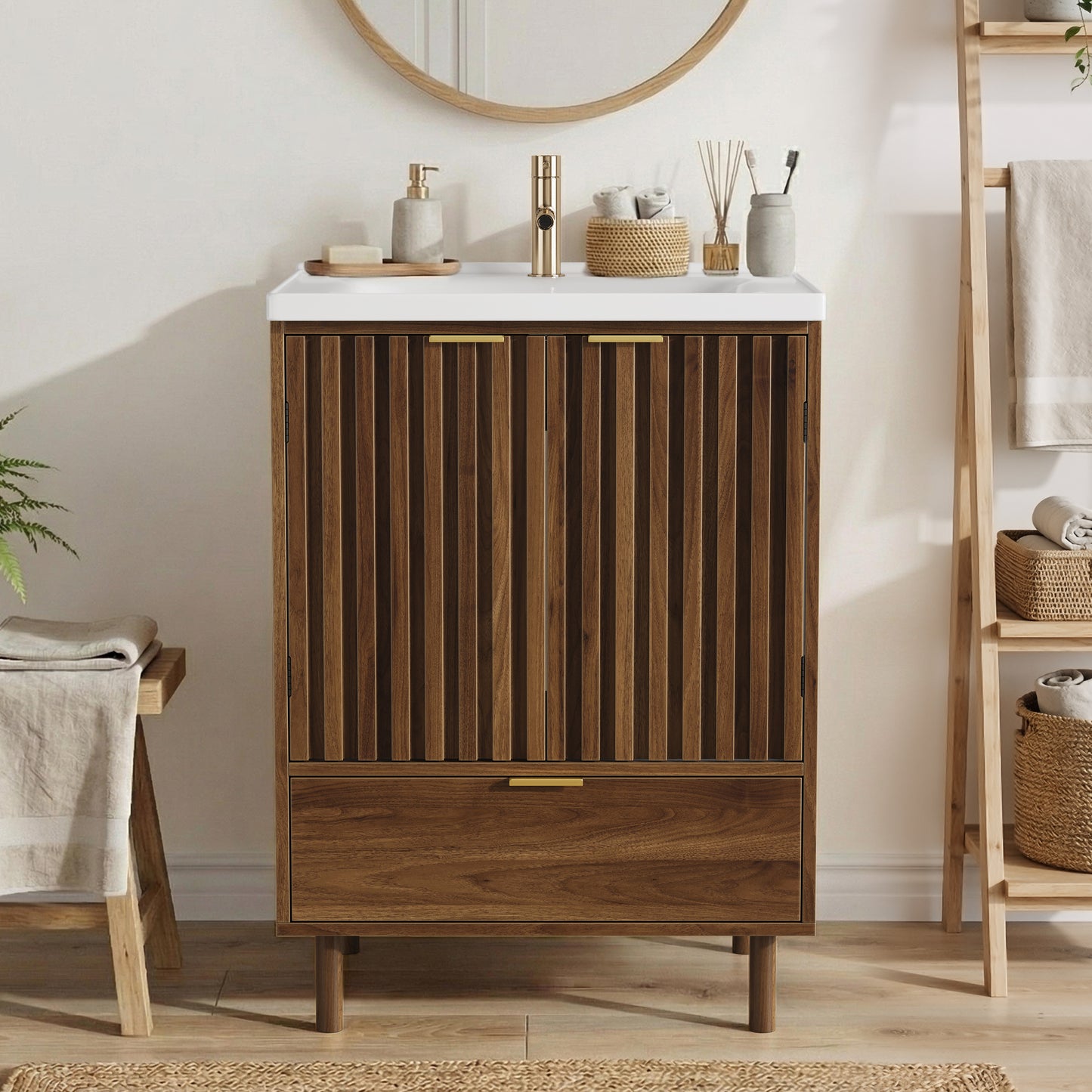 Semiocthome 24" Bathroom Vanity with Ceramic Sink, Storage Cabinet with 1 Drawers and 2 Fluted Doors, Walnut