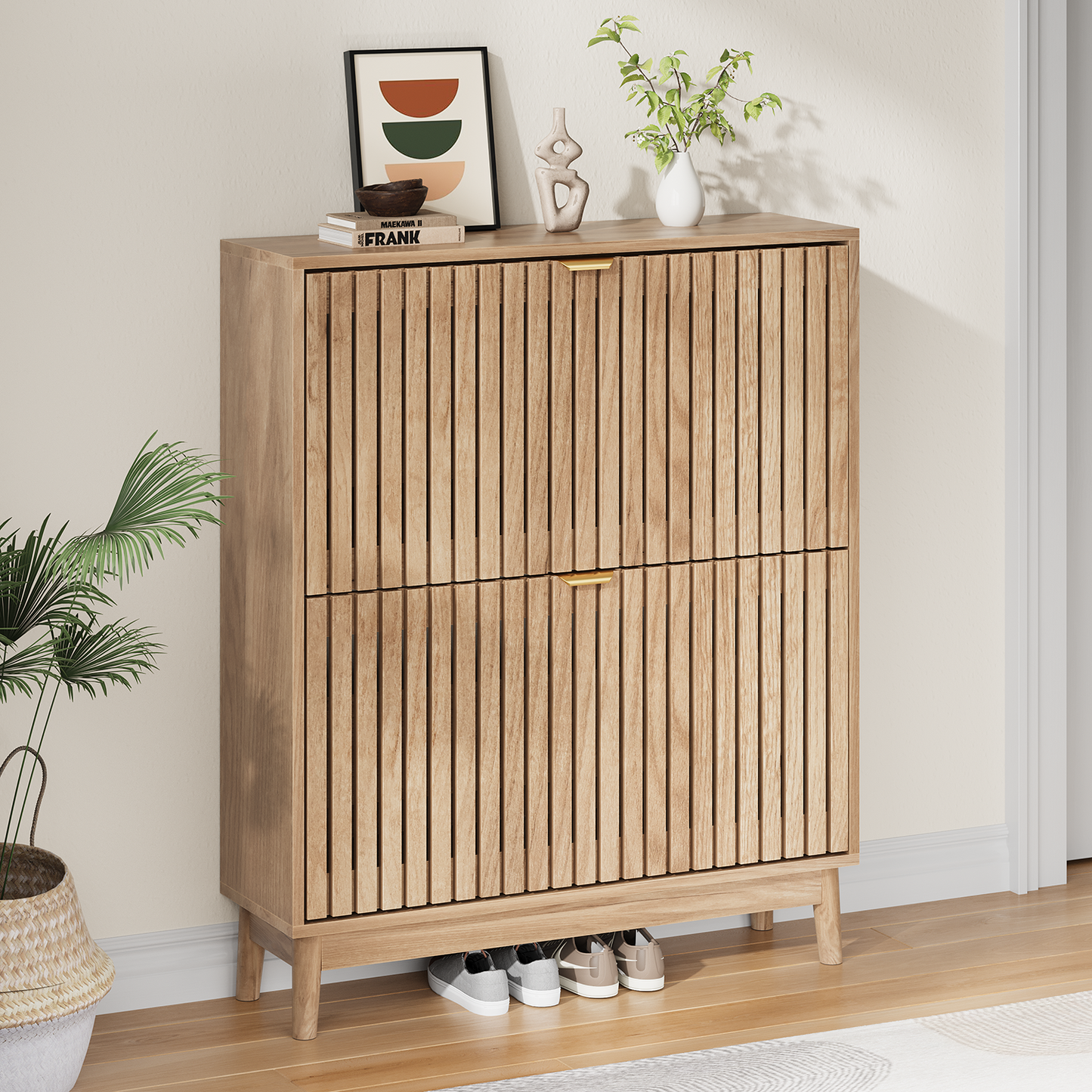 Semiocthome 31.5" Modern Shoe Cabinet, Shoe Storage Cabinet with 2 Flip Drawers for Entryway, Natural