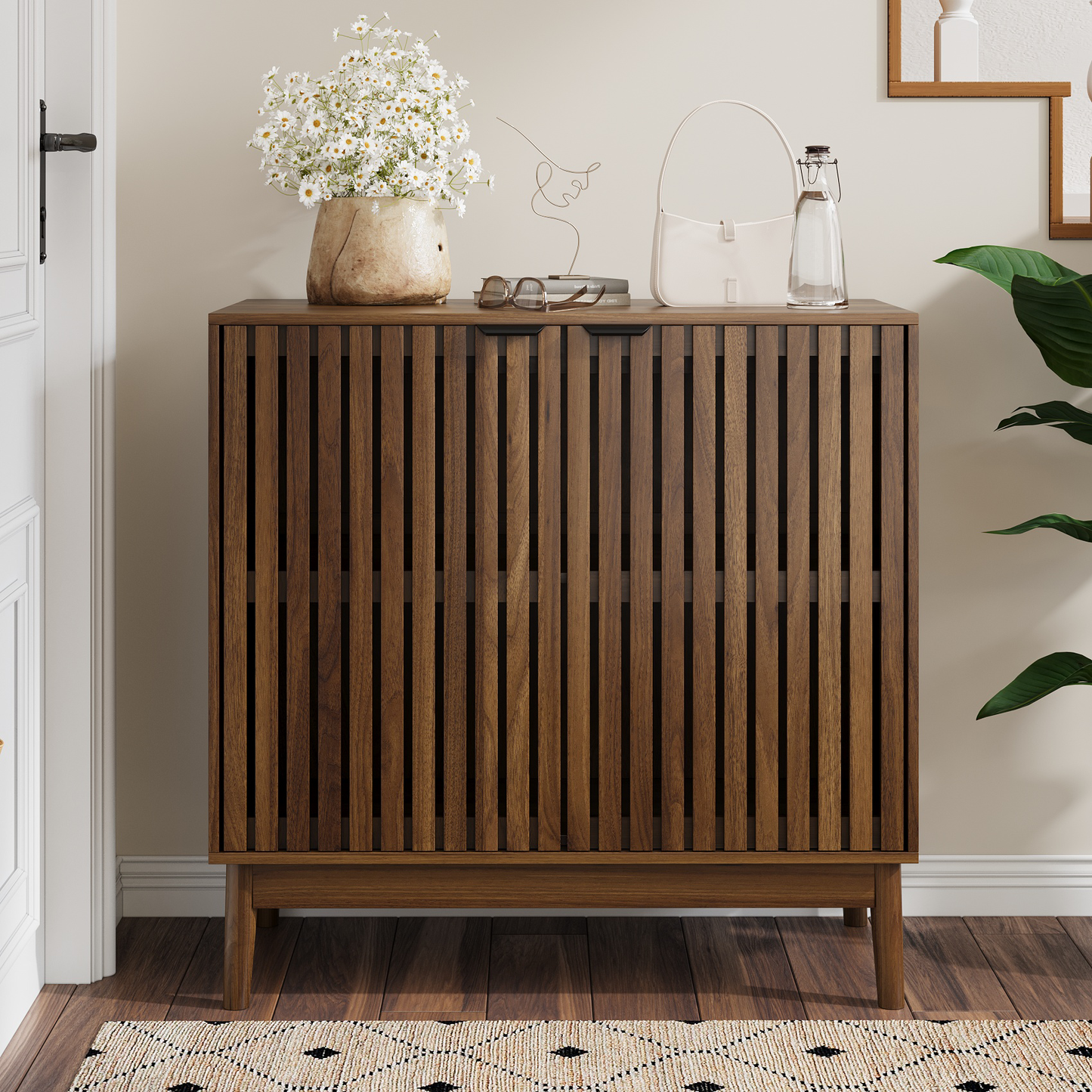Algherohein Mid-Century Shoe Cabinet, 7-Tier, Adjustable Shelves, 20-24 Pair Capacity, Walnut