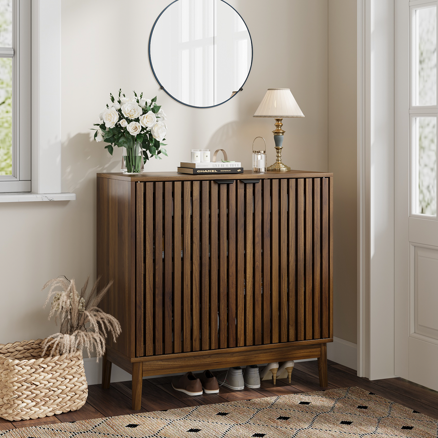 Algherohein Mid-Century Shoe Cabinet, 7-Tier, Adjustable Shelves, 20-24 Pair Capacity, Walnut