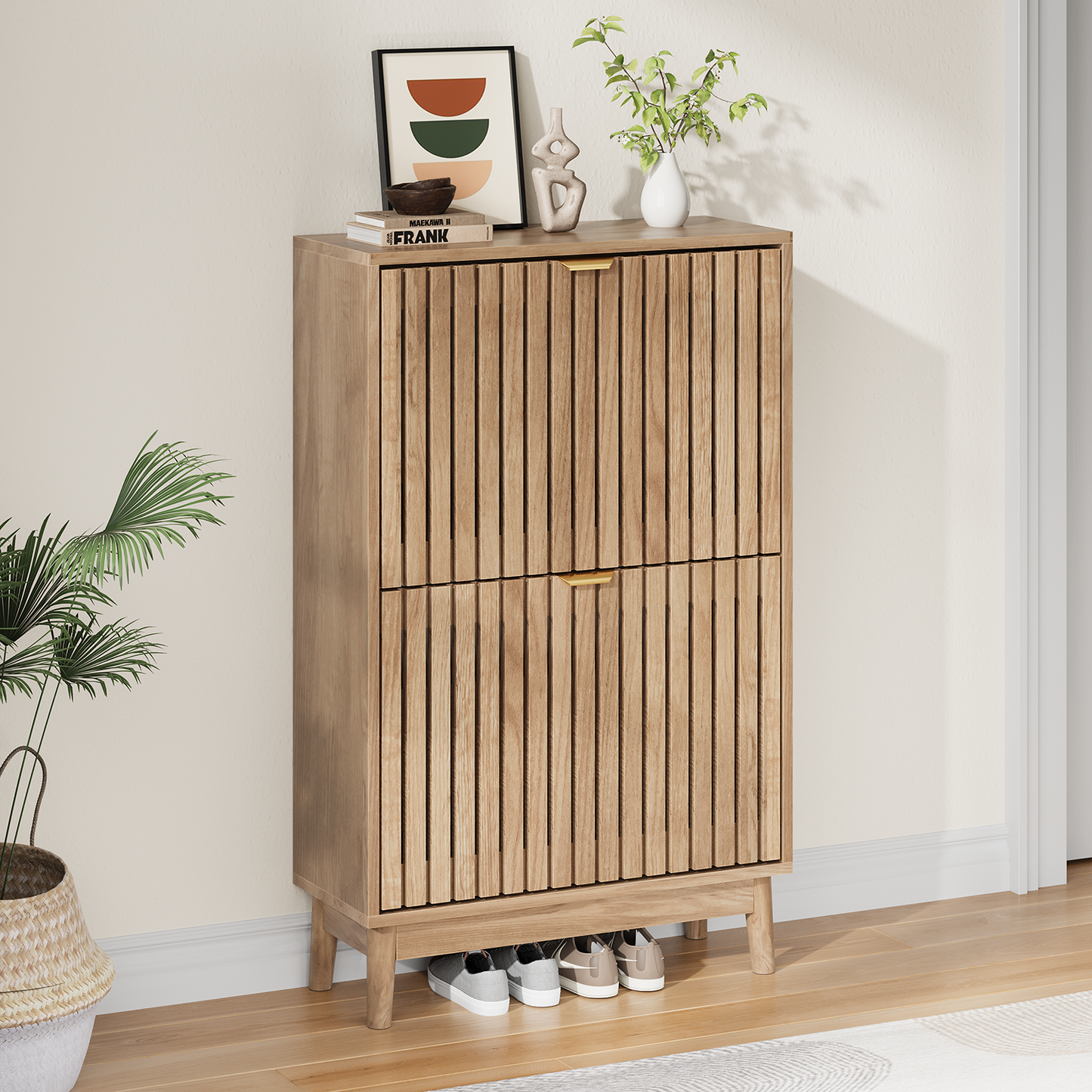 Semiocthome 23.6" Modern Shoe Cabinet, Shoe Storage Cabinet with 2 Flip Drawers for Entryway, Natural