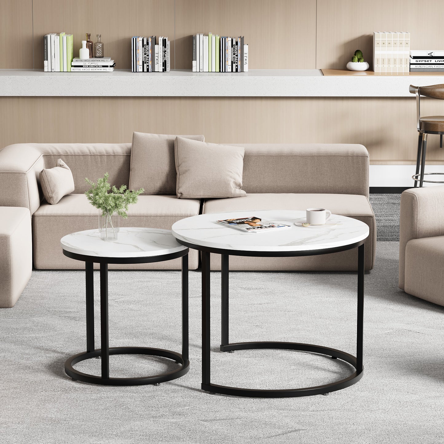 Algherohein Round Nesting Coffee Table Modern Marble Top Set of 2 for Living Room White
