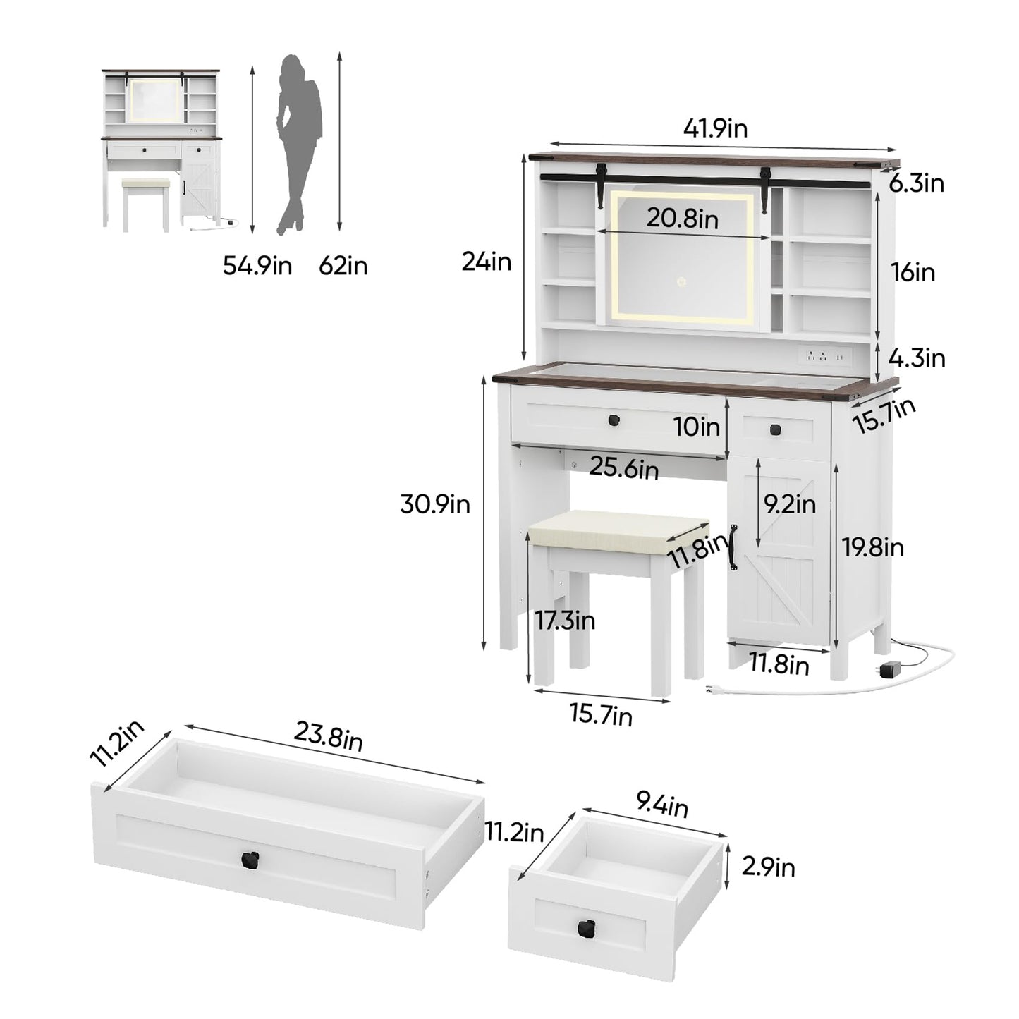 Smart FENDEE Farmhouse Makeup Vanity with Power Outlet,Glass Top,Sliding Mirror, Bedroom,White,Adult