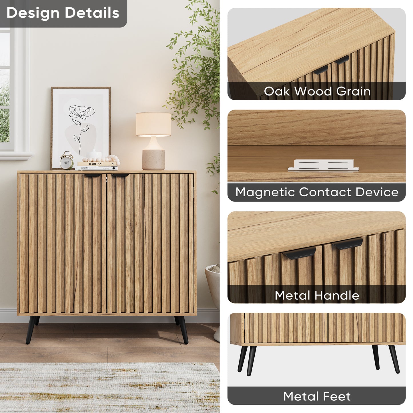 Semiocthome Sideboard Cabinet with 2 Fluted Doors and 1 Adjustable Shelves for Dining Room, Natural