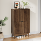 Semiocthome Modern Slim Space Saving Shoe Cabinet 2 Flip Down Slatted Doors 15 Pair Capacity Walnut 23.6 Inch Width