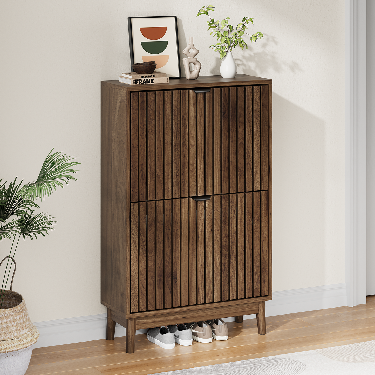 Semiocthome Modern Slim Space Saving Shoe Cabinet 2 Flip Down Slatted Doors 15 Pair Capacity Walnut 23.6 Inch Width