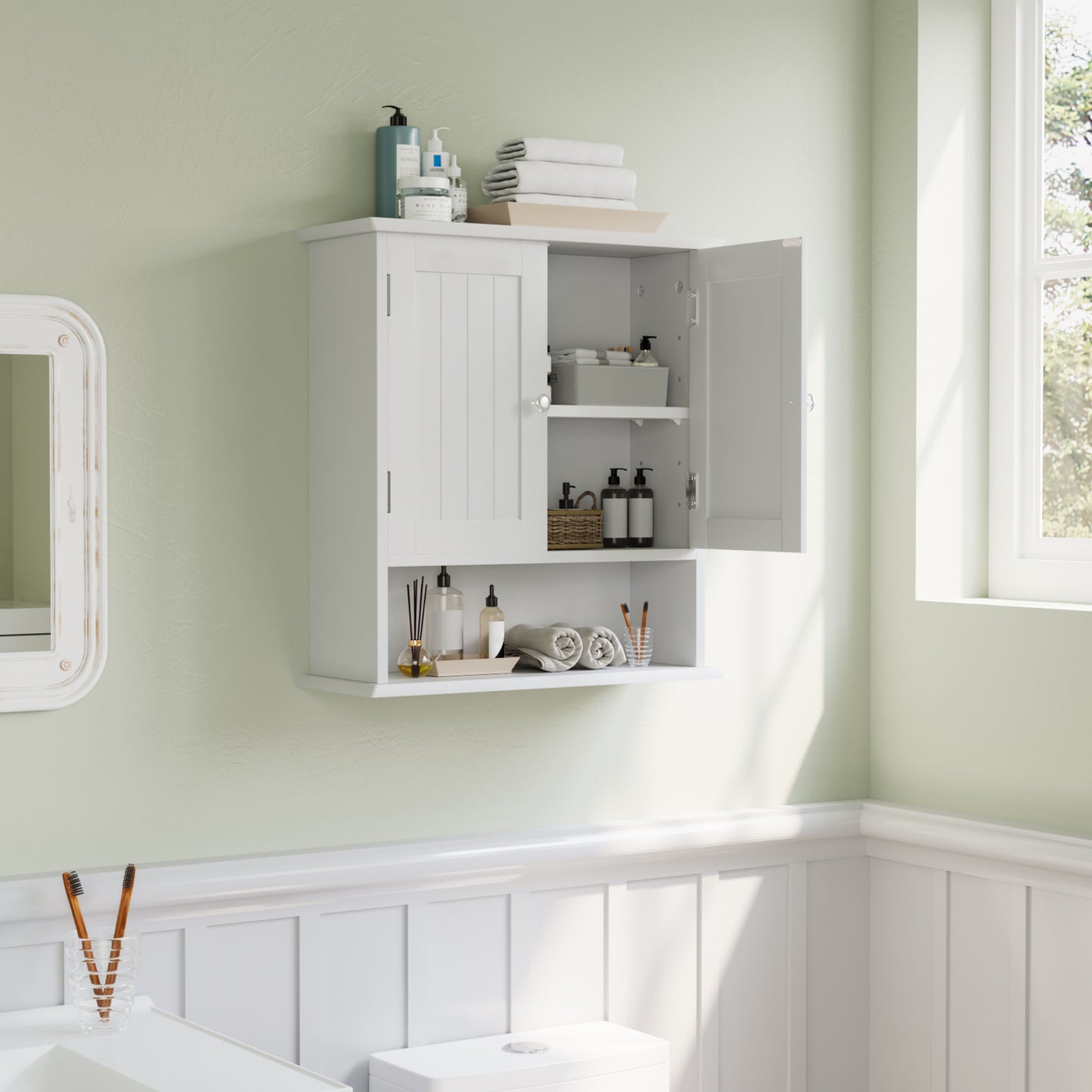 Smuxee Bathroom Wall Storage Cabinets with Door and Open Shelves,over The Toilet Storage,White Small
