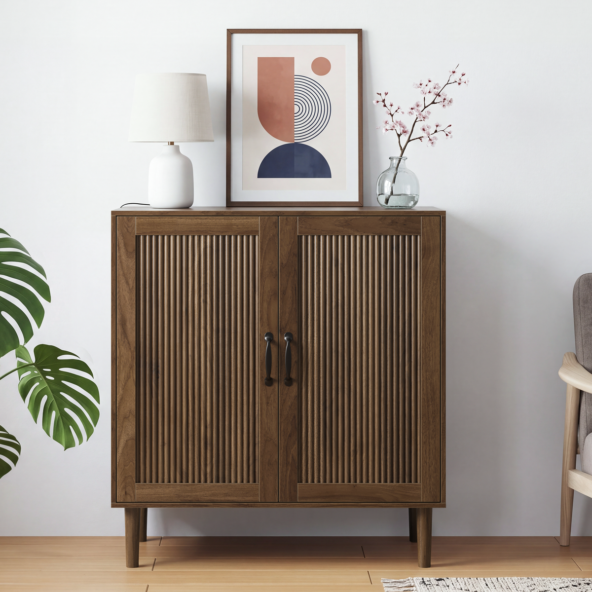Smuxee Fluted Sideboard Storage Cabinet, Freestanding Mid-Century Modern Reeded Double Door Accent Cabinet
