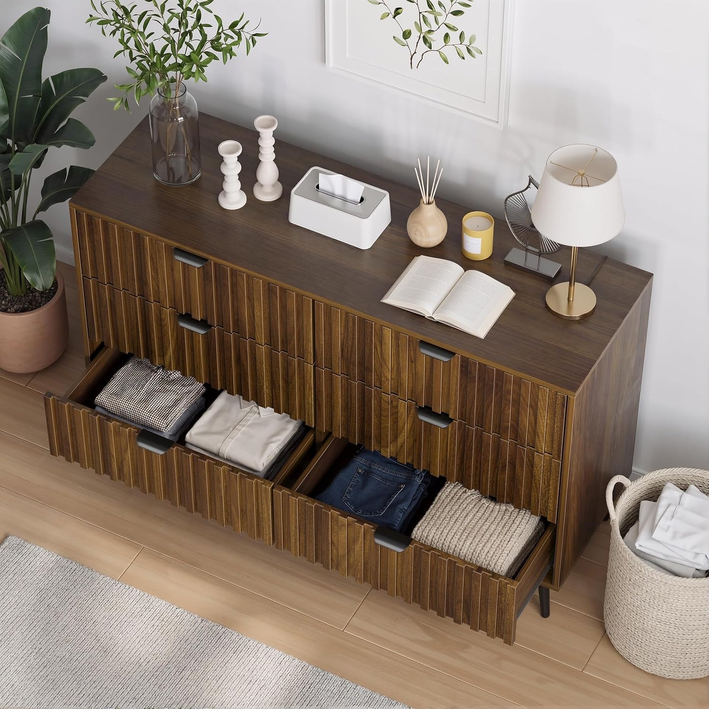 Semiocthome Dresser with 6 Fluted Drawers, Chest of Drawers, Storage Cabinet for Bedroom, Walnut,