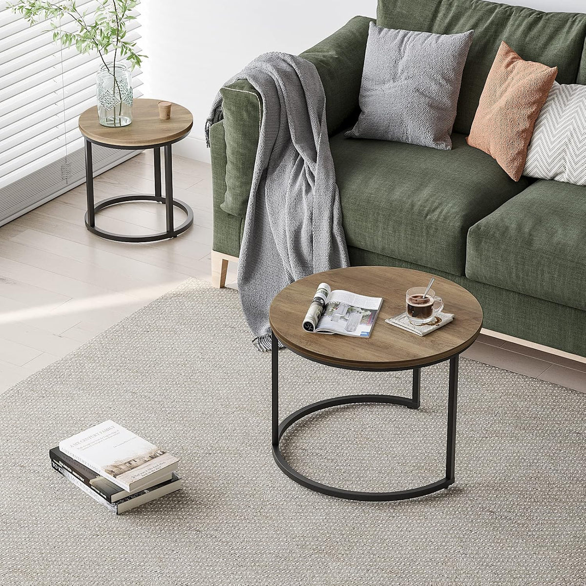 Smart FENDEE Round Coffee Table Set,Nesting Table for Living Room,Rustic Brown, Sturdy Wood