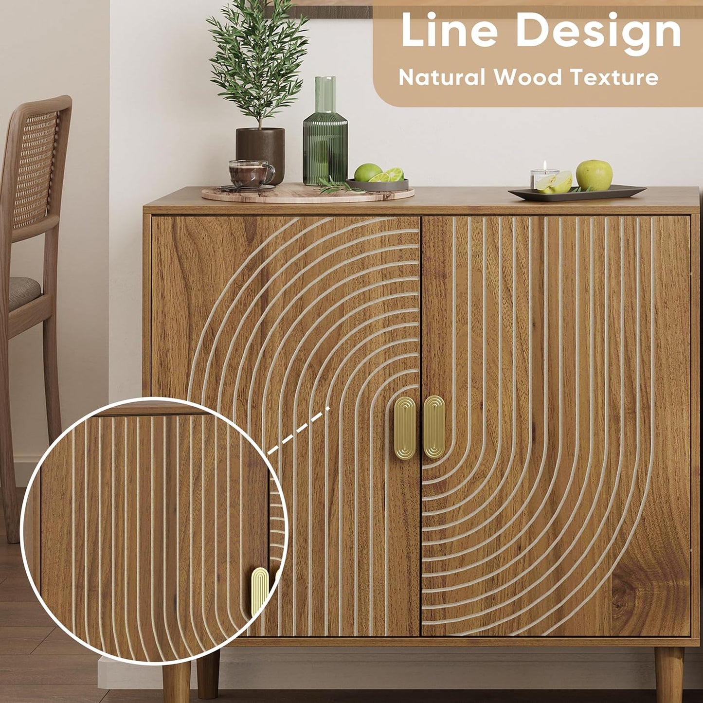 Semiocthome Kitchen Sideboard Buffet Cabinet with Adjustable Shelf, Line Groove Door, Walnut Finish, Set of 2