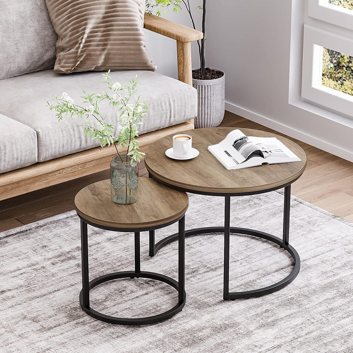 Smart FENDEE Round Coffee Table Set,Nesting Table for Living Room,Rustic Brown, Sturdy Wood