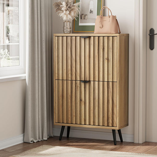 Smart FENDEE Shoe Cabinet with 2 Flip Drawers Slim Shoe Storage Cabinet, Entryway, Natural, 23.6 in