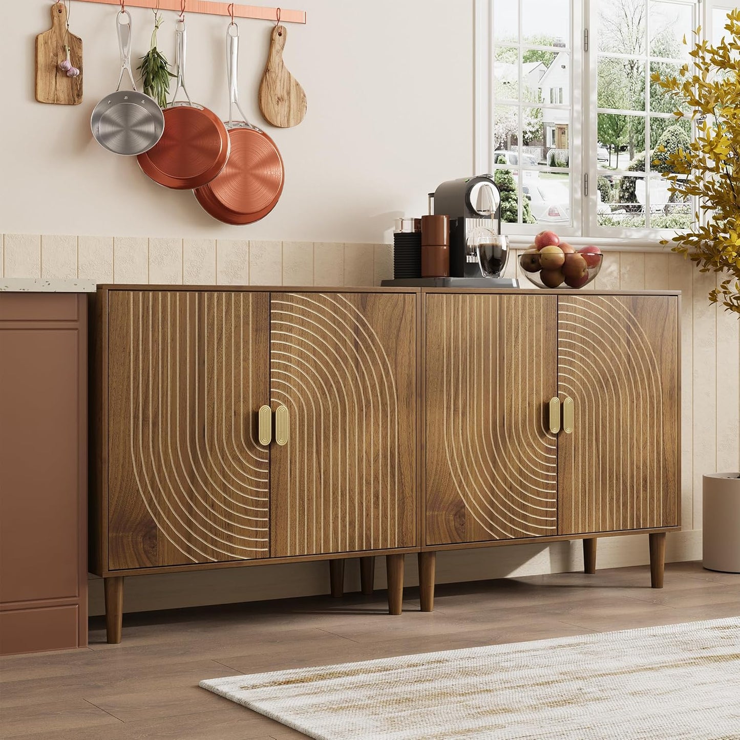 Semiocthome Kitchen Sideboard Buffet Cabinet with Adjustable Shelf, Line Groove Door, Walnut Finish, Set of 2